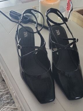 Zara Black Patent Crisscross Ankle-Strap Heels